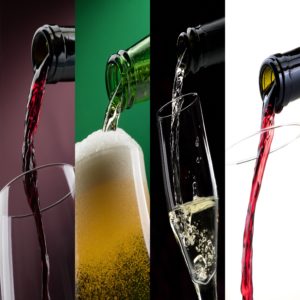 Pouring alcoholic drinks into glasses photo collage: beer, red wine and white wine